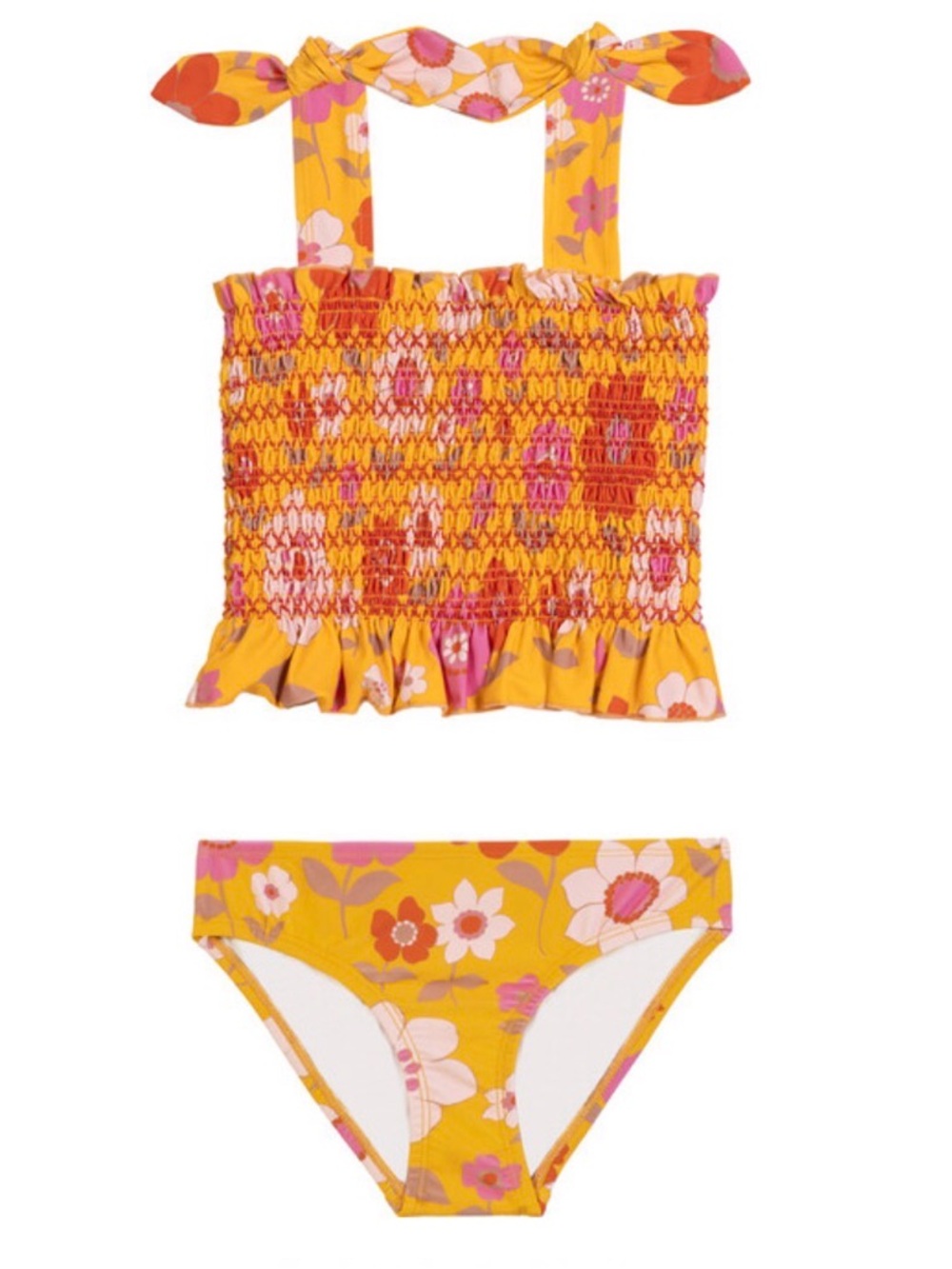 Girls' Maison Me Orange Melanie Smocked Floral Retro Two-Piece Swim Set sz 6-7Y